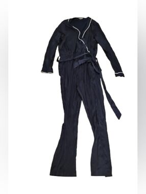 Fashion Union Satin Wrap V Neck Contrast Trim Blue Jumpsuit Sz 8 US